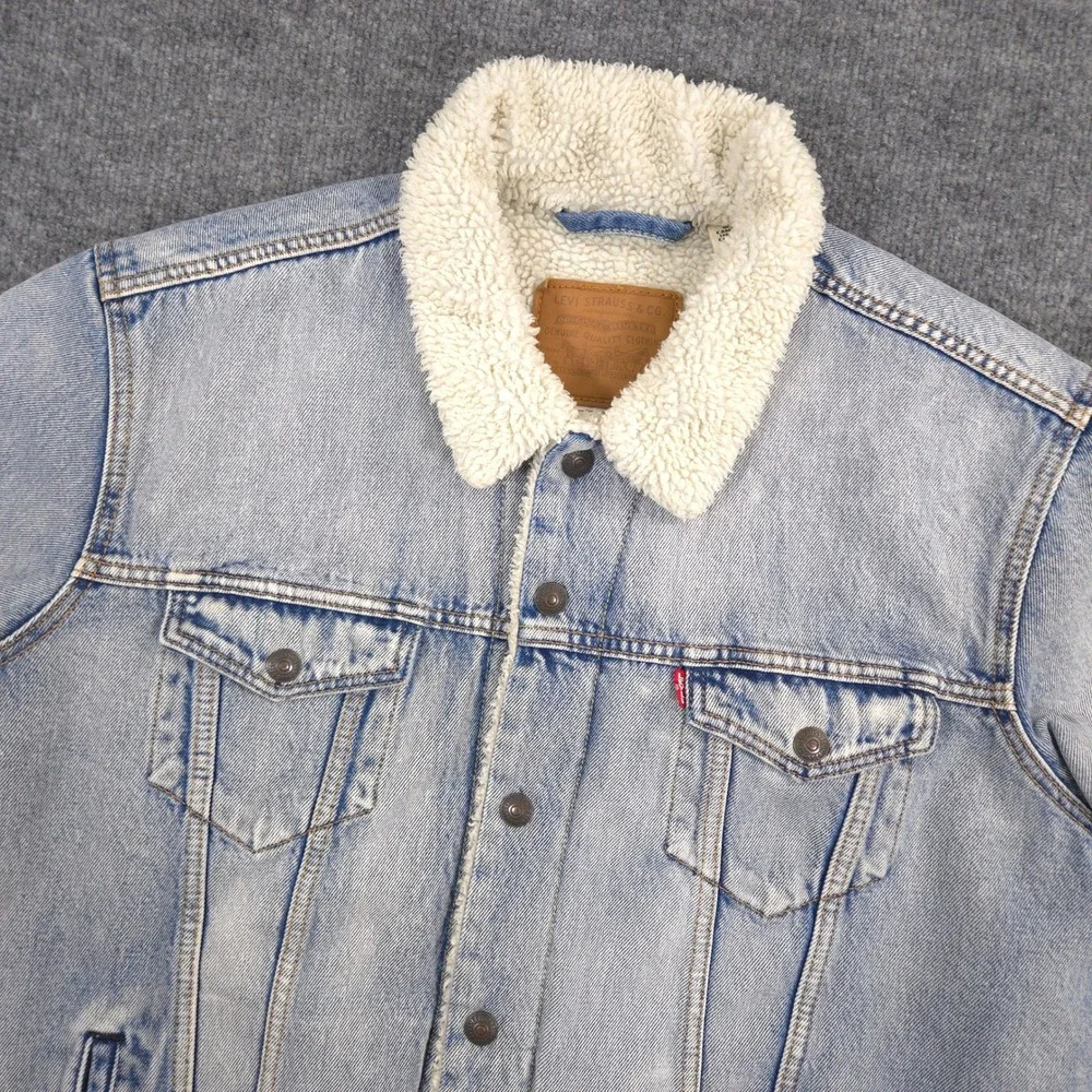 Levis Premium Denim Trucker Jacket Mens Large Blue Big E Sherpa Lined Light Wash